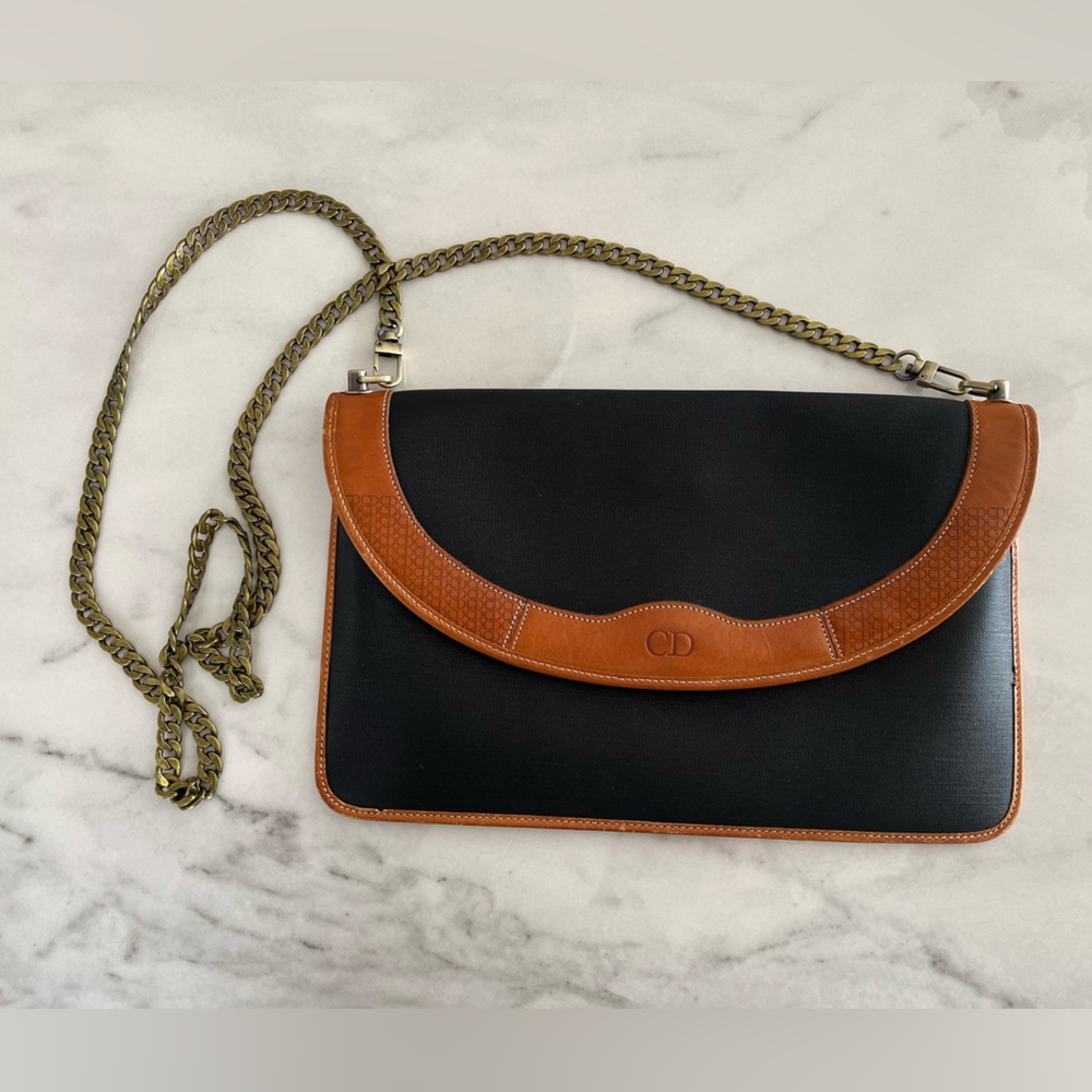 Authentic Christian Dior Black Brown Leather Clutch Crossbody Bag